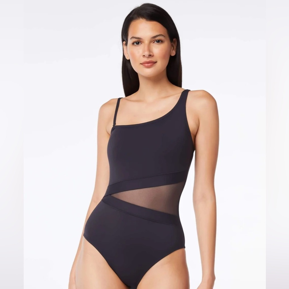 Nicole Miller STUDIO🖤BLACK🖤1PC WITH RUCHING & MESH CUT OUT DETAIL SWIMSUIT NWT